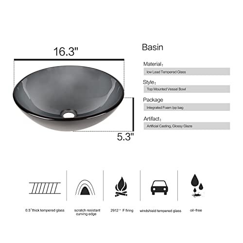 Bathroom Vessel Sink, Tempered Glass Vanity Round Bowl with Chrome Faucet and Pop up drain Set, Bluish Grey