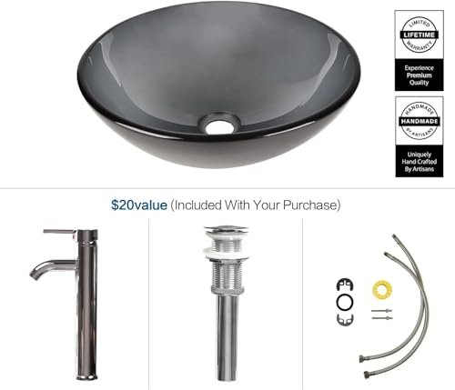 Bathroom Vessel Sink, Tempered Glass Vanity Round Bowl with Chrome Faucet and Pop up drain Set, Bluish Grey