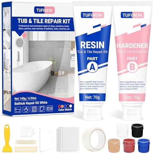 Bathtub Repair Kit 4.94oz (Color Match), TUFINEIN Porcelain Repair Kit for Fiberglass, Enamel, Ceramic, Acrylic Repair and Fix Chips, Cracks, Scratches, Holes on Tub/Tile/Sink/Shower Tray/Shower