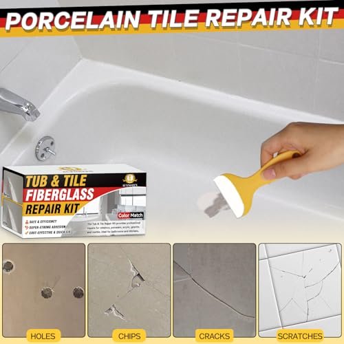 Bathtub Repair Kit, Porcelain and Fiberglass Tub Tile and Shower Kit Repair Chips Dents Cracks Scratches from Ceramic, Marble, Quartz, Resin, Acrylic (White)