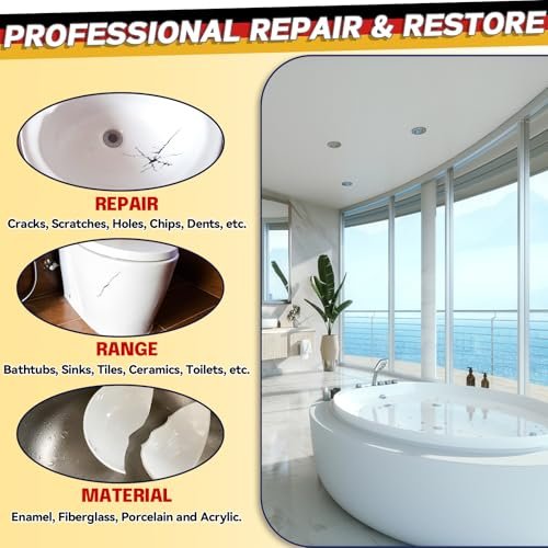 Bathtub Repair Kit, Porcelain and Fiberglass Tub Tile and Shower Kit Repair Chips Dents Cracks Scratches from Ceramic, Marble, Quartz, Resin, Acrylic (White)
