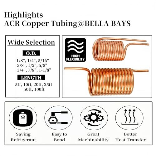 BELLA BAYS Copper Tubing 1/4" OD x 0.195" ID x 10 ft, 99.9% C12200 ASTM B280 Refrigeration ACR Tubing Seamless Soft Coil Round T2 Pure Copper Tube for HVAC System, Refrigerator, Industry, DIY