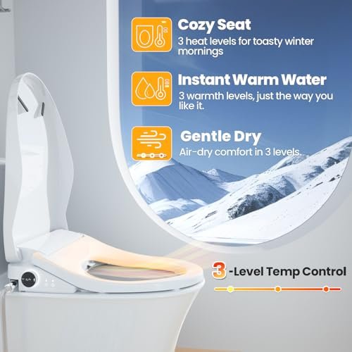 Bidet Toilet Seat Elongated, Smart Heated Toilet Seat, Instant Warm Water & Dryer, Feminine & Rear Wash, Self-Clean Nozzle, Slow Close Lid, Child/ECO/Silent Mode