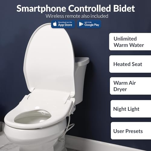 Bio Bidet BB1200 Smart Bidet Toilet Seat with App-Enabled Controls for iOs & Android, Warm Water with Air Dryer, Heated Seat with Slow Close Lid, Remote Control, Elongated, White