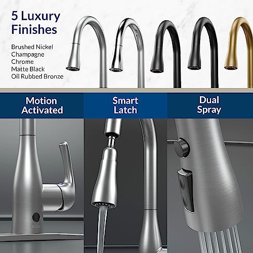 Bio Bidet FLOW Touchless Kitchen Faucet with Pull Down Sprayer, Low Single Handle, Brushed Nickel