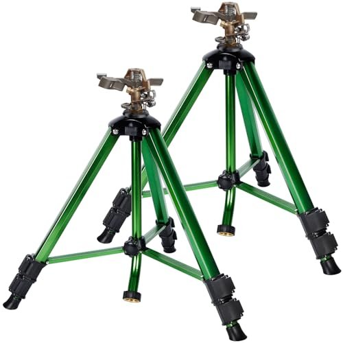 Biswing Impact Sprinkler Head on Tripod Base, Heavy Duty Lawn Sprinklers, 360 Degree Large Area Irrigation, Brass Sprinkler Nozzle & Solid Alloy Metal Extension Legs Flip Locks, 2 Pack