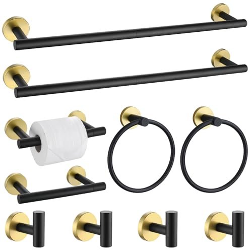 Black and Gold Towel Bar Bathroom Hardware Accessories Set, 10 Pieces Upgraded Round Toilet Paper Holder Towel Rack for Bathroom Wall Mounted, 23.6 Inch Stainless Steel Towel Rods for Bathroom