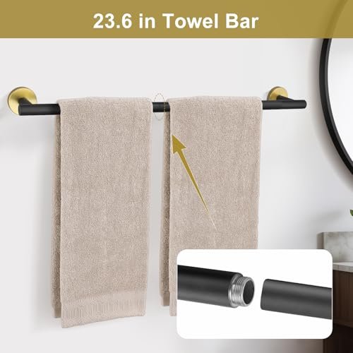 Black and Gold Towel Bar Bathroom Hardware Accessories Set, 10 Pieces Upgraded Round Toilet Paper Holder Towel Rack for Bathroom Wall Mounted, 23.6 Inch Stainless Steel Towel Rods for Bathroom