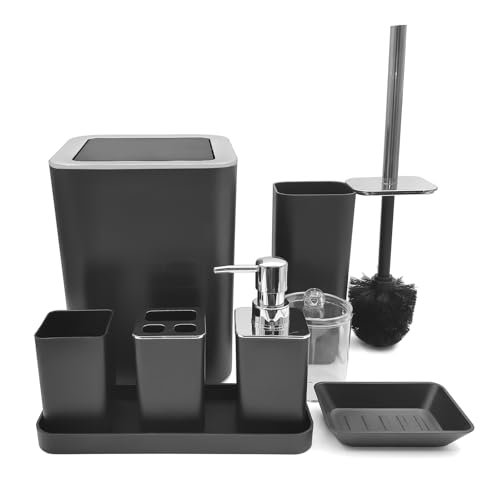 Black Bathroom Accessories Set,8-Piece with Trash Can,Soap Dispenser,Toothbrush Holder,Toothbrush Cup,Vanity Tray,Soap Dish,Toilet Brush and Clear Clear Plastic Qtip Holder