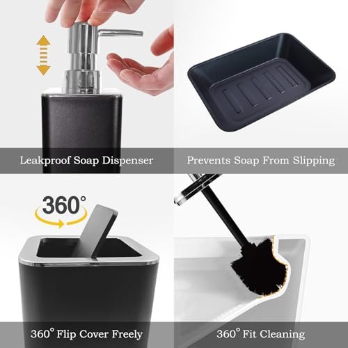 Black Bathroom Accessories Set,8-Piece with Trash Can,Soap Dispenser,Toothbrush Holder,Toothbrush Cup,Vanity Tray,Soap Dish,Toilet Brush and Clear Clear Plastic Qtip Holder