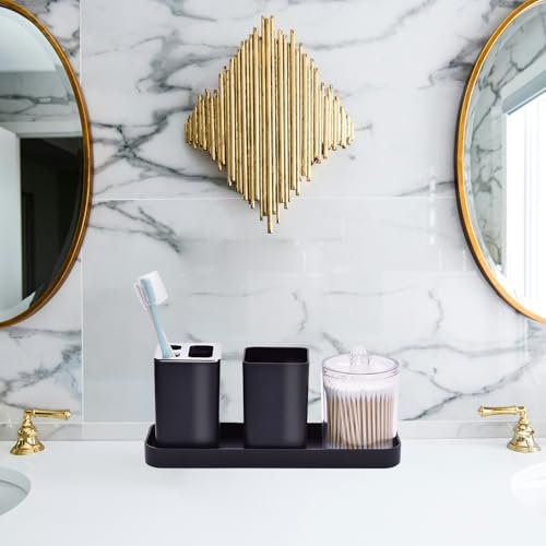 Black Bathroom Accessories Set,8-Piece with Trash Can,Soap Dispenser,Toothbrush Holder,Toothbrush Cup,Vanity Tray,Soap Dish,Toilet Brush and Clear Clear Plastic Qtip Holder