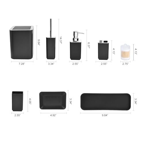 Black Bathroom Accessories Set,8-Piece with Trash Can,Soap Dispenser,Toothbrush Holder,Toothbrush Cup,Vanity Tray,Soap Dish,Toilet Brush and Clear Clear Plastic Qtip Holder