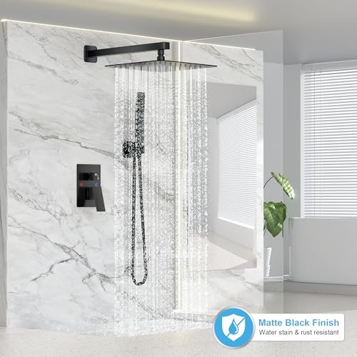 Black Shower Faucet Set, Rainfall Shower System with Square Shower Head and Handle Set, Wall Mounted Shower Fixtures, Full Metal Trim Repair Kit 12 inch Matte Black (With Shower Valve)