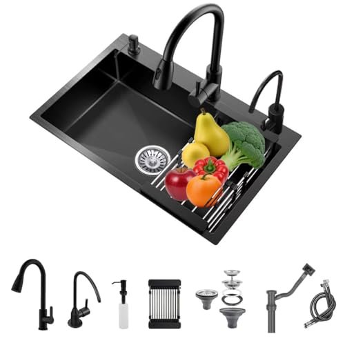 Black Single Bowl Sink with faucet,Large Capacity Stainless Steel Drop In Kitchen Sink,Topmount Utility Workstation Sink With Multiple Accessories (Pull out faucet, 19.7 * 17.7in)