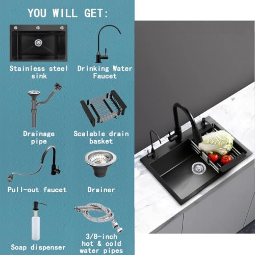 Black Single Bowl Sink with faucet,Large Capacity Stainless Steel Drop In Kitchen Sink,Topmount Utility Workstation Sink With Multiple Accessories (Pull out faucet, 19.7 * 17.7in)