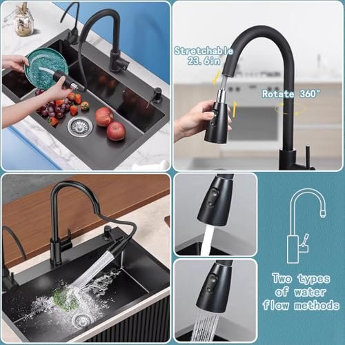 Black Single Bowl Sink with faucet,Large Capacity Stainless Steel Drop In Kitchen Sink,Topmount Utility Workstation Sink With Multiple Accessories (Pull out faucet, 19.7 * 17.7in)