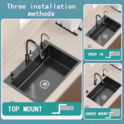 Black Single Bowl Sink with faucet,Large Capacity Stainless Steel Drop In Kitchen Sink,Topmount Utility Workstation Sink With Multiple Accessories (Pull out faucet, 19.7 * 17.7in)