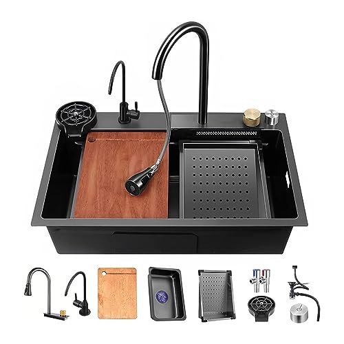 Black Waterfall Kitchen Sink, Drop in Single Bowl Stainless Steel Bar Sink with Cup Washer Sinks, Topmount Workstation Kitchen Sink with Accessories (Size : 26.8 x 17.7in)