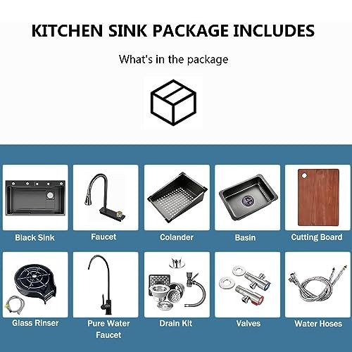 Black Waterfall Kitchen Sink, Drop in Single Bowl Stainless Steel Bar Sink with Cup Washer Sinks, Topmount Workstation Kitchen Sink with Accessories (Size : 26.8 x 17.7in)