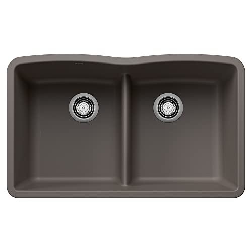 BLANCO 443106 Diamond Silgranit 50/50 Double Bowl Undermount Kitchen Sink with Low Divide, 32" L X 19.36" W - Volcano Gray
