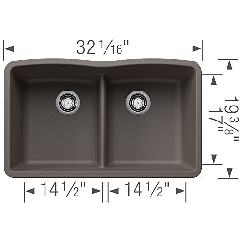 BLANCO 443106 Diamond Silgranit 50/50 Double Bowl Undermount Kitchen Sink with Low Divide, 32" L X 19.36" W - Volcano Gray