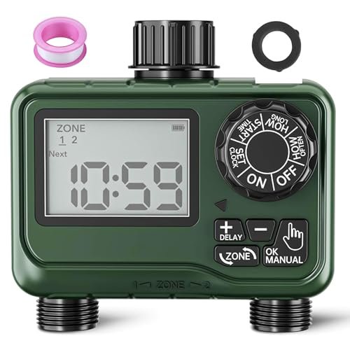 BN-LINK Sprinkler Timer Outdoor - 2 Zone Programmable Water Timer with Rain Delay, Automatic Irrigation System for Lawns & Garden Hoses - Waterproof Manual Controller with Large LCD Display