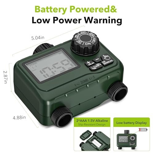 BN-LINK Sprinkler Timer Outdoor - 2 Zone Programmable Water Timer with Rain Delay, Automatic Irrigation System for Lawns & Garden Hoses - Waterproof Manual Controller with Large LCD Display