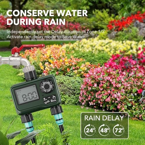 BN-LINK Sprinkler Timer Outdoor - 2 Zone Programmable Water Timer with Rain Delay, Automatic Irrigation System for Lawns & Garden Hoses - Waterproof Manual Controller with Large LCD Display