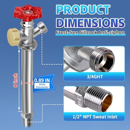 Boltigen 8inch Anti-Siphon Frost Free Sillcock Valve, No Lead Brass Freeze Proof Outdoor Water Faucet, 1/2" NPT X 3/4'' GHT Hose Bib Frost Free Outside Spigot
