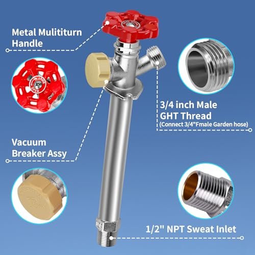 Boltigen 8inch Anti-Siphon Frost Free Sillcock Valve, No Lead Brass Freeze Proof Outdoor Water Faucet, 1/2" NPT X 3/4'' GHT Hose Bib Frost Free Outside Spigot