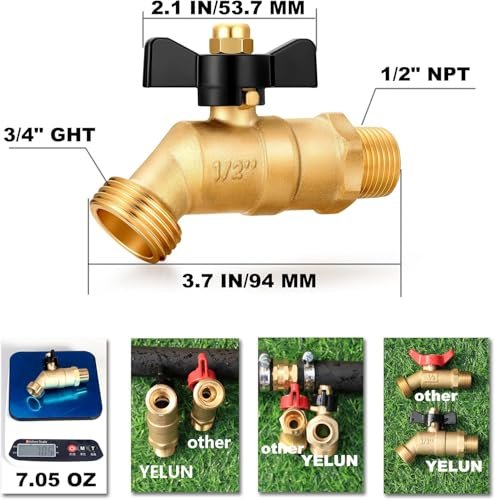 Brass Ball Valve Full Flow Male Hose Bibb 1/2" Male NPT inlet Connection with 3/4" GHT water hose outlet Heavy-Brass Faucet for gardens and patios (Butterfly Handle)