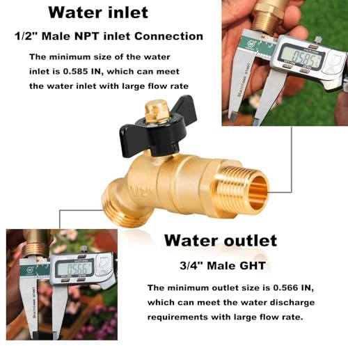 Brass Ball Valve Full Flow Male Hose Bibb 1/2" Male NPT inlet Connection with 3/4" GHT water hose outlet Heavy-Brass Faucet for gardens and patios (Butterfly Handle)
