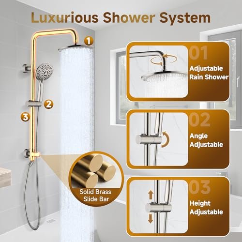 BRIGHT SHOWERS Rain System Including 9 Inch Rainfall shower head and Handheld with Height Adjustable Holder, Solid Brass Rail and 60 Inch Long Stainless Steel Shower Hose