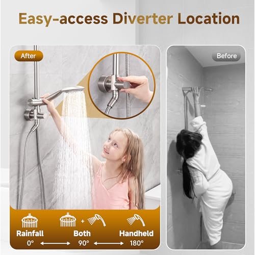 BRIGHT SHOWERS Rain System Including 9 Inch Rainfall shower head and Handheld with Height Adjustable Holder, Solid Brass Rail and 60 Inch Long Stainless Steel Shower Hose