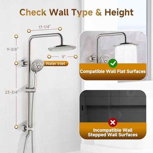 BRIGHT SHOWERS Rain System Including 9 Inch Rainfall shower head and Handheld with Height Adjustable Holder, Solid Brass Rail and 60 Inch Long Stainless Steel Shower Hose
