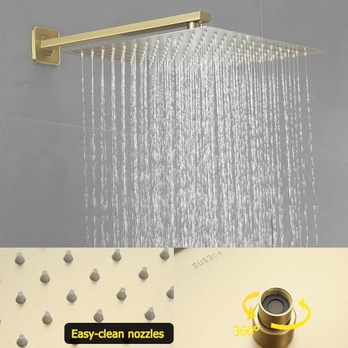 Brushed Gold Shower System 12 Inch Bathroom Luxury Rain Mixer Shower Combo Set Wall Mounted Rainfall Shower Head and Handheld System Shower Faucet Set Rough-in Valve Body and Trim Included