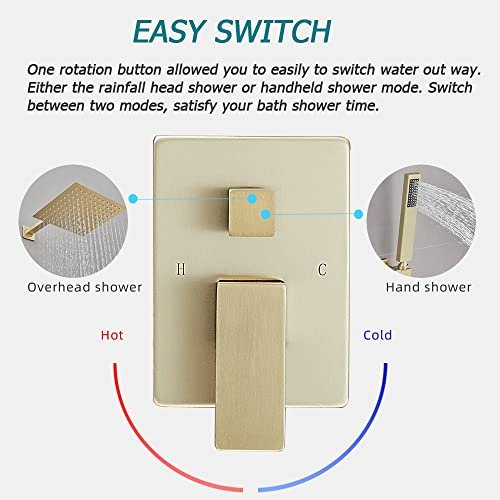 Brushed Gold Shower System 12 Inch Bathroom Luxury Rain Mixer Shower Combo Set Wall Mounted Rainfall Shower Head and Handheld System Shower Faucet Set Rough-in Valve Body and Trim Included