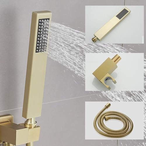 Brushed Gold Shower System 12 Inch Bathroom Luxury Rain Mixer Shower Combo Set Wall Mounted Rainfall Shower Head and Handheld System Shower Faucet Set Rough-in Valve Body and Trim Included