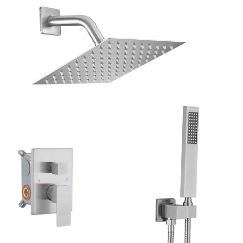 Brushed Nickel Shower System with 8'' Rainfall Shower Head, Handheld Shower head, Bathroom Luxury Rain Mixer Shower Combo Set Wall Mounted Shower Faucet Rough-in Valve and Trim Kit