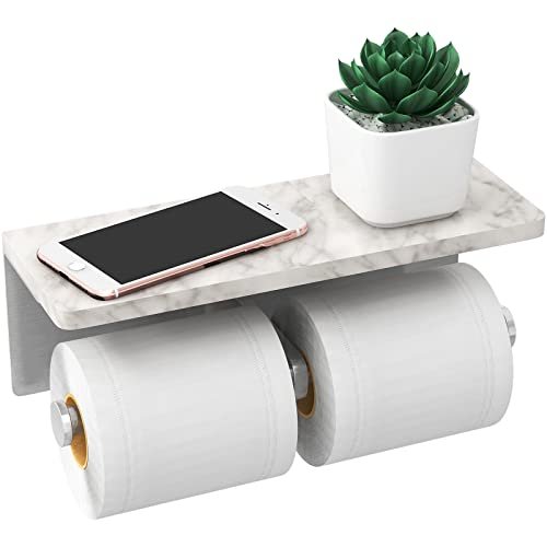 Brushed Nickel Toilet Paper Holder with Shelf, New Upgrade Double Toilet Paper Holder with Storage, Marble Roll Toilet Paper Wall Mount for Bathroom Washroom
