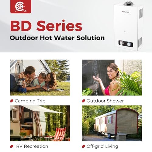 CAMPLUX 2.64 GPM Tankless Propane Water Heater, Portable Water Heater Outdoor with Overheating Protection, for Camping, Cabins, Barns, Easy Installation, 68,000 BTU, BD264