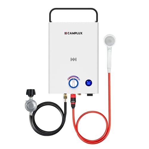 CAMPLUX First F10 Tankless Water Heater with 3-Level Adjustable & Foldable Handle, 2.64GPM, Screw-Free Design, 68,000 BTU Outdoor Portable Propane Water Heater for Camping, LED Digital Display, White