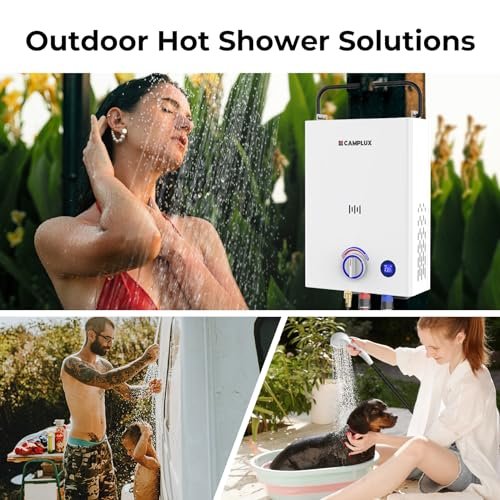 CAMPLUX First F10 Tankless Water Heater with 3-Level Adjustable & Foldable Handle, 2.64GPM, Screw-Free Design, 68,000 BTU Outdoor Portable Propane Water Heater for Camping, LED Digital Display, White