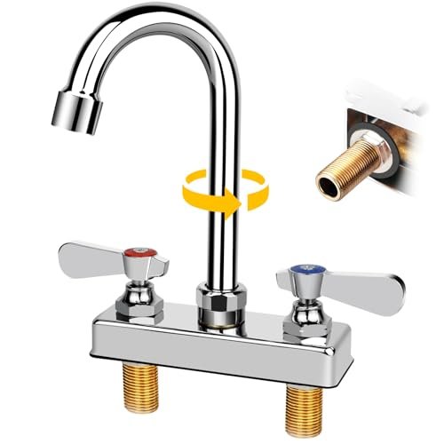 Commercial Bar Sink Faucet 4 Inch Center Deck Mount, 3-1/2" Gooseneck Swivel Spout Hand Sink Faucet, 2 Hole Brass Constructed & Chrome Polished with Dual Lever Handles