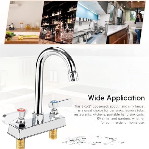 Commercial Bar Sink Faucet 4 Inch Center Deck Mount, 3-1/2" Gooseneck Swivel Spout Hand Sink Faucet, 2 Hole Brass Constructed & Chrome Polished with Dual Lever Handles