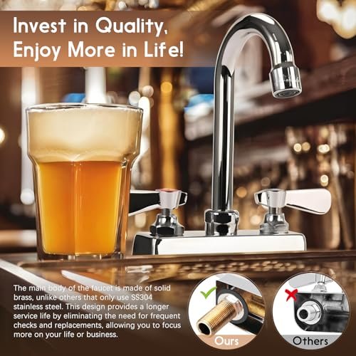 Commercial Bar Sink Faucet 4 Inch Center Deck Mount, 3-1/2" Gooseneck Swivel Spout Hand Sink Faucet, 2 Hole Brass Constructed & Chrome Polished with Dual Lever Handles
