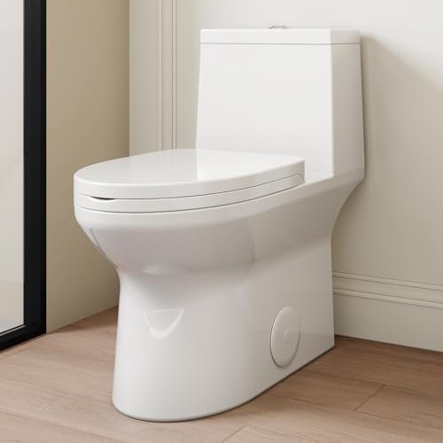 Compact ADA Toilet, 12" Rough-in Elongated One-Piece Toilet with Quick Release & Soft Close Toilet Seat, 1.1/1.6 GPF Dual Flush Water-Saving White, aMJ-T138