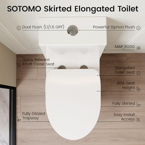 Compact ADA Toilet, 12" Rough-in Elongated One-Piece Toilet with Quick Release & Soft Close Toilet Seat, 1.1/1.6 GPF Dual Flush Water-Saving White, aMJ-T138