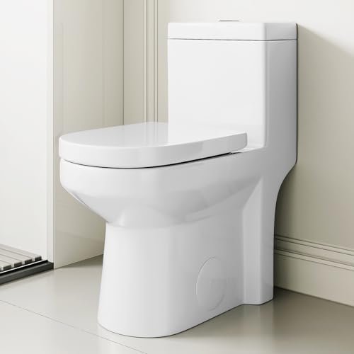 Compact One Piece Toilet for Bathroom, Space-Saving Powerful Dual Flush Round Small Toilets, Average 1.28 GPF, Skirted Design with Upgraded UF Quiet & Soft Close Seat (12" Rough-in Toilet)