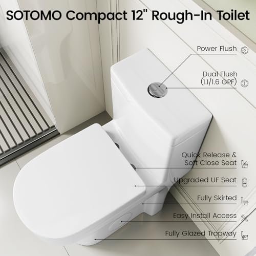 Compact One Piece Toilet for Bathroom, Space-Saving Powerful Dual Flush Round Small Toilets, Average 1.28 GPF, Skirted Design with Upgraded UF Quiet & Soft Close Seat (12" Rough-in Toilet)